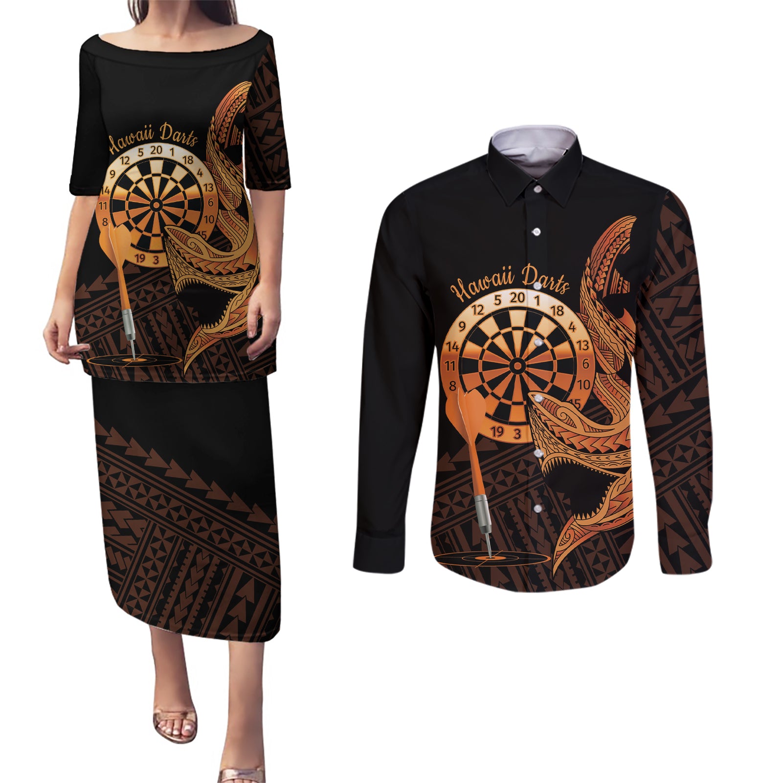 Aloha Hawaii Darts Couples Matching Puletasi and Long Sleeve Button Shirt Dart Board With Polynesian Shark - Gold