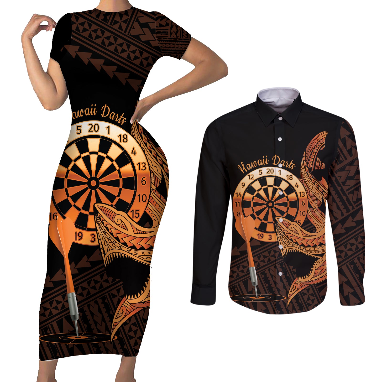 Aloha Hawaii Darts Couples Matching Short Sleeve Bodycon Dress and Long Sleeve Button Shirt Dart Board With Polynesian Shark - Gold