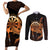 Aloha Hawaii Darts Couples Matching Short Sleeve Bodycon Dress and Long Sleeve Button Shirt Dart Board With Polynesian Shark - Gold