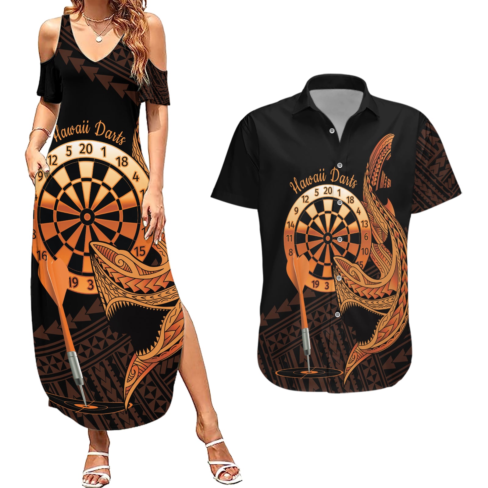 Aloha Hawaii Darts Couples Matching Summer Maxi Dress and Hawaiian Shirt Dart Board With Polynesian Shark - Gold