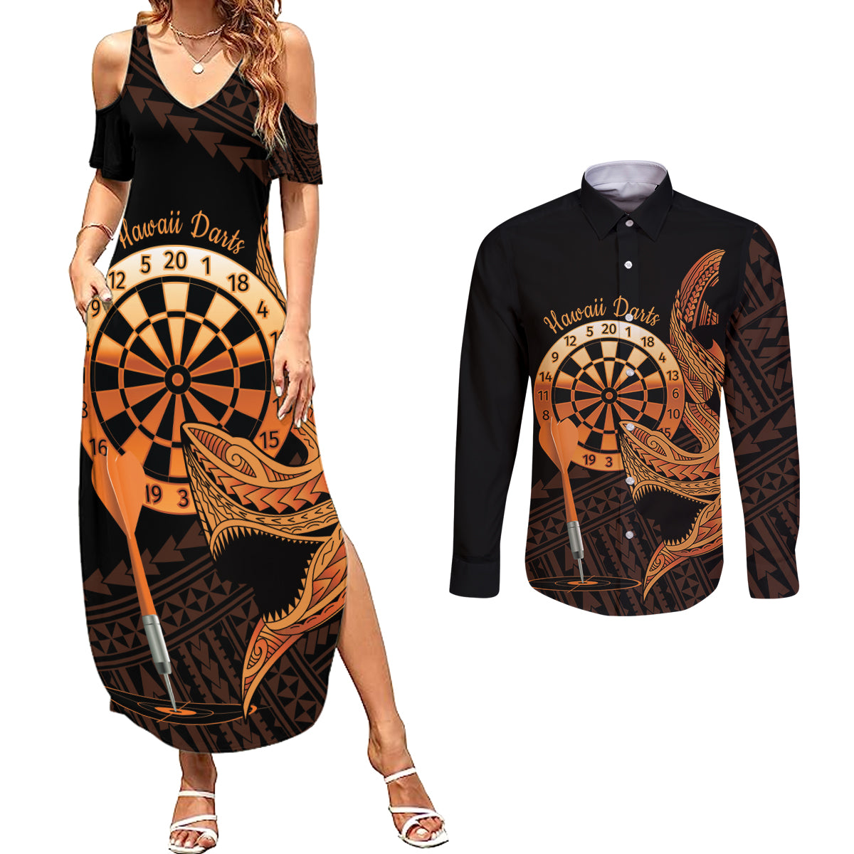 Aloha Hawaii Darts Couples Matching Summer Maxi Dress and Long Sleeve Button Shirt Dart Board With Polynesian Shark - Gold
