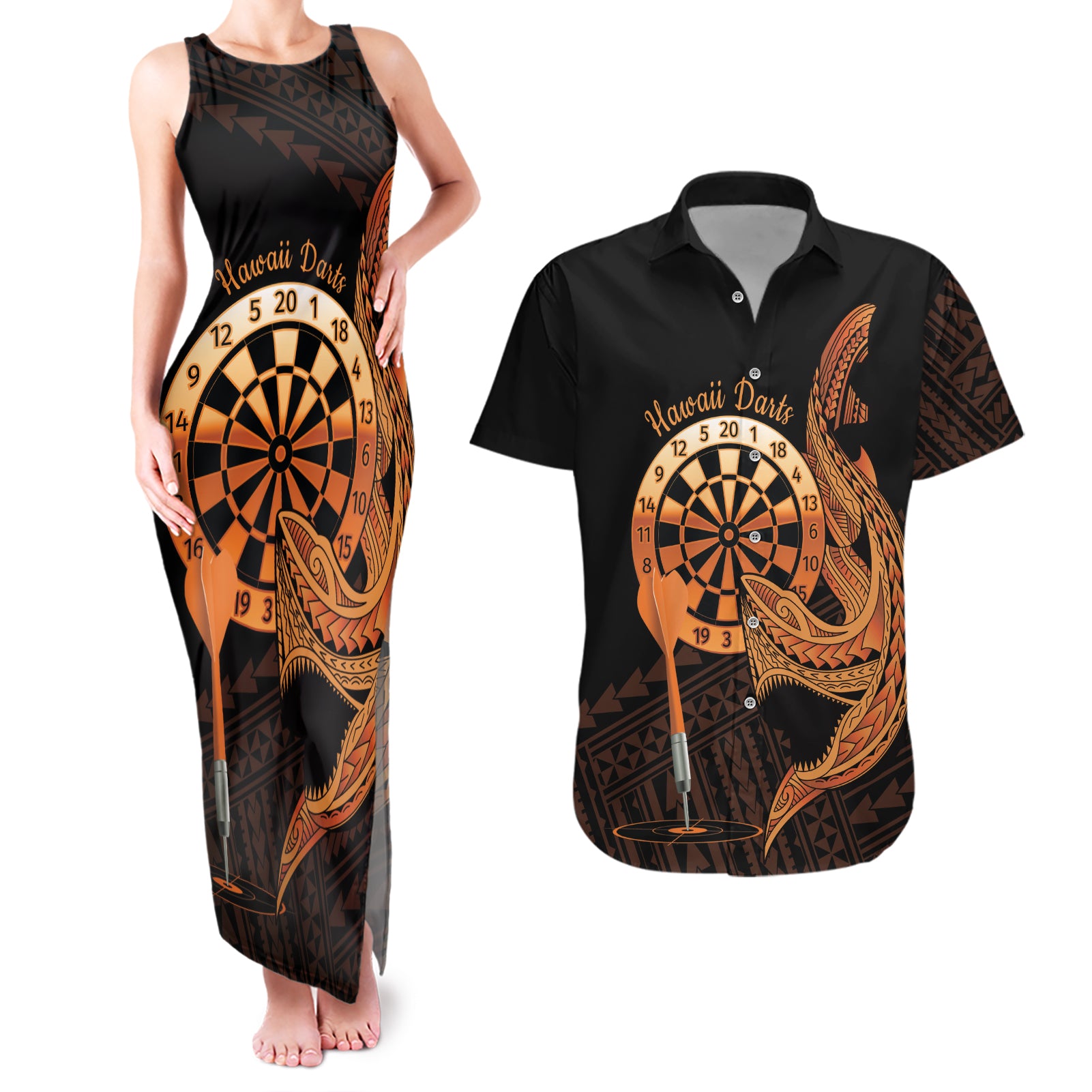 Aloha Hawaii Darts Couples Matching Tank Maxi Dress and Hawaiian Shirt Dart Board With Polynesian Shark - Gold