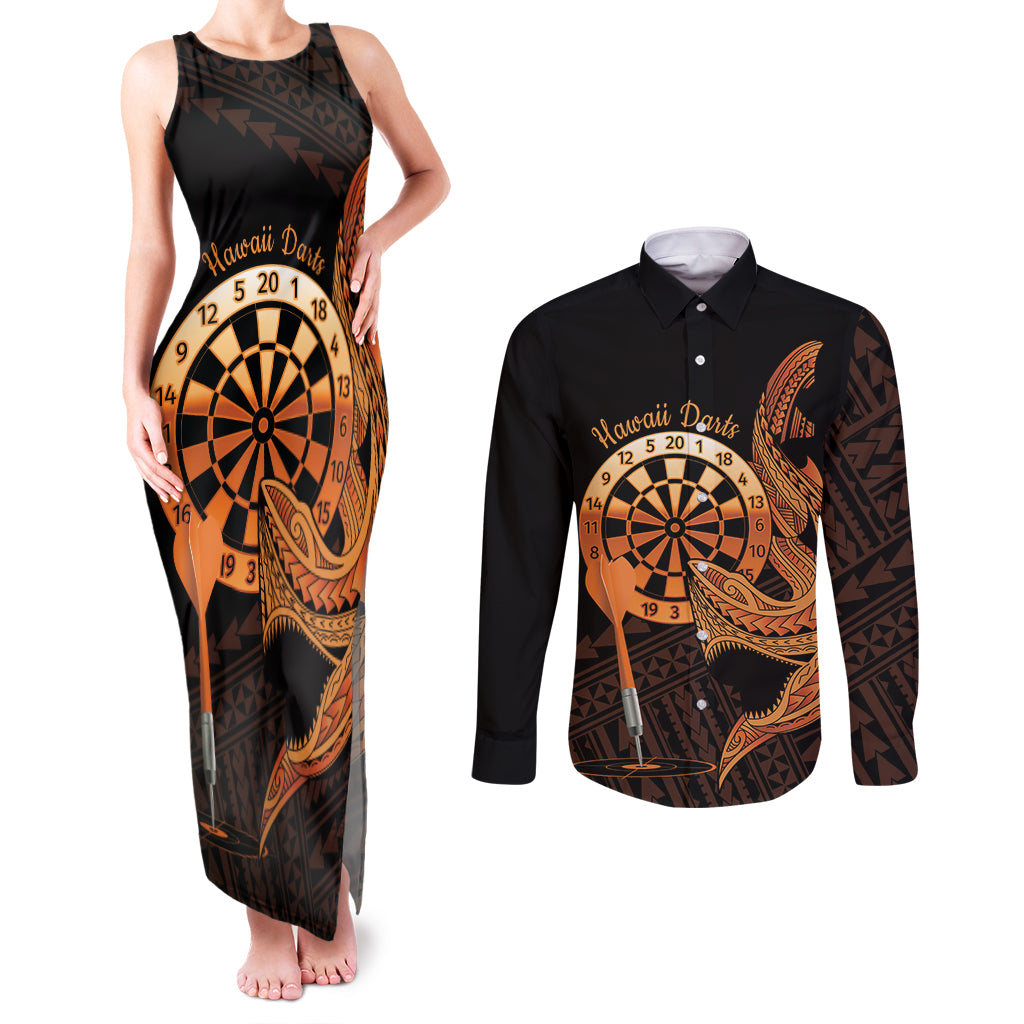 Aloha Hawaii Darts Couples Matching Tank Maxi Dress and Long Sleeve Button Shirt Dart Board With Polynesian Shark - Gold
