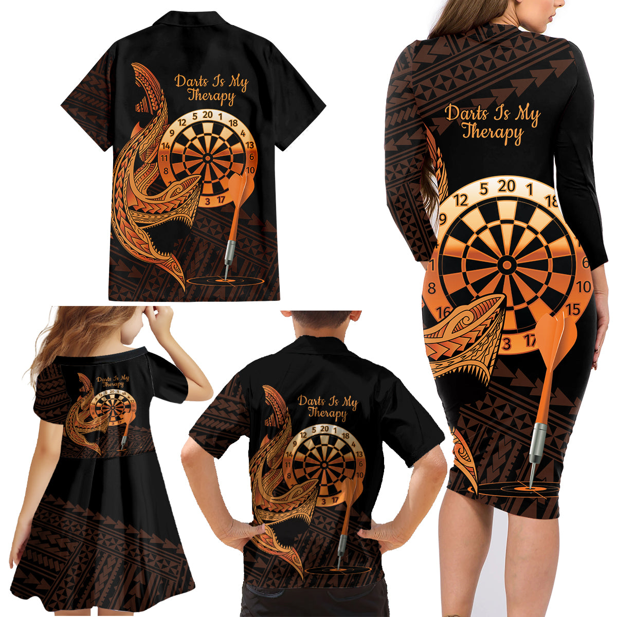 Aloha Hawaii Darts Family Matching Long Sleeve Bodycon Dress and Hawaiian Shirt Dart Board With Polynesian Shark - Gold LT14 - Polynesian Pride