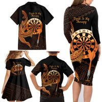 Aloha Hawaii Darts Family Matching Long Sleeve Bodycon Dress and Hawaiian Shirt Dart Board With Polynesian Shark - Gold LT14 - Polynesian Pride