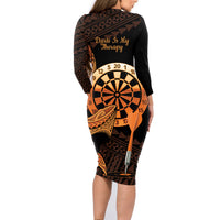 Aloha Hawaii Darts Family Matching Long Sleeve Bodycon Dress and Hawaiian Shirt Dart Board With Polynesian Shark - Gold LT14 - Polynesian Pride