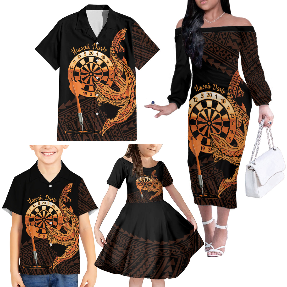 Aloha Hawaii Darts Family Matching Off The Shoulder Long Sleeve Dress and Hawaiian Shirt Dart Board With Polynesian Shark - Gold LT14 - Polynesian Pride
