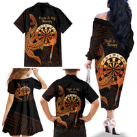 Aloha Hawaii Darts Family Matching Off The Shoulder Long Sleeve Dress and Hawaiian Shirt Dart Board With Polynesian Shark - Gold LT14 - Polynesian Pride