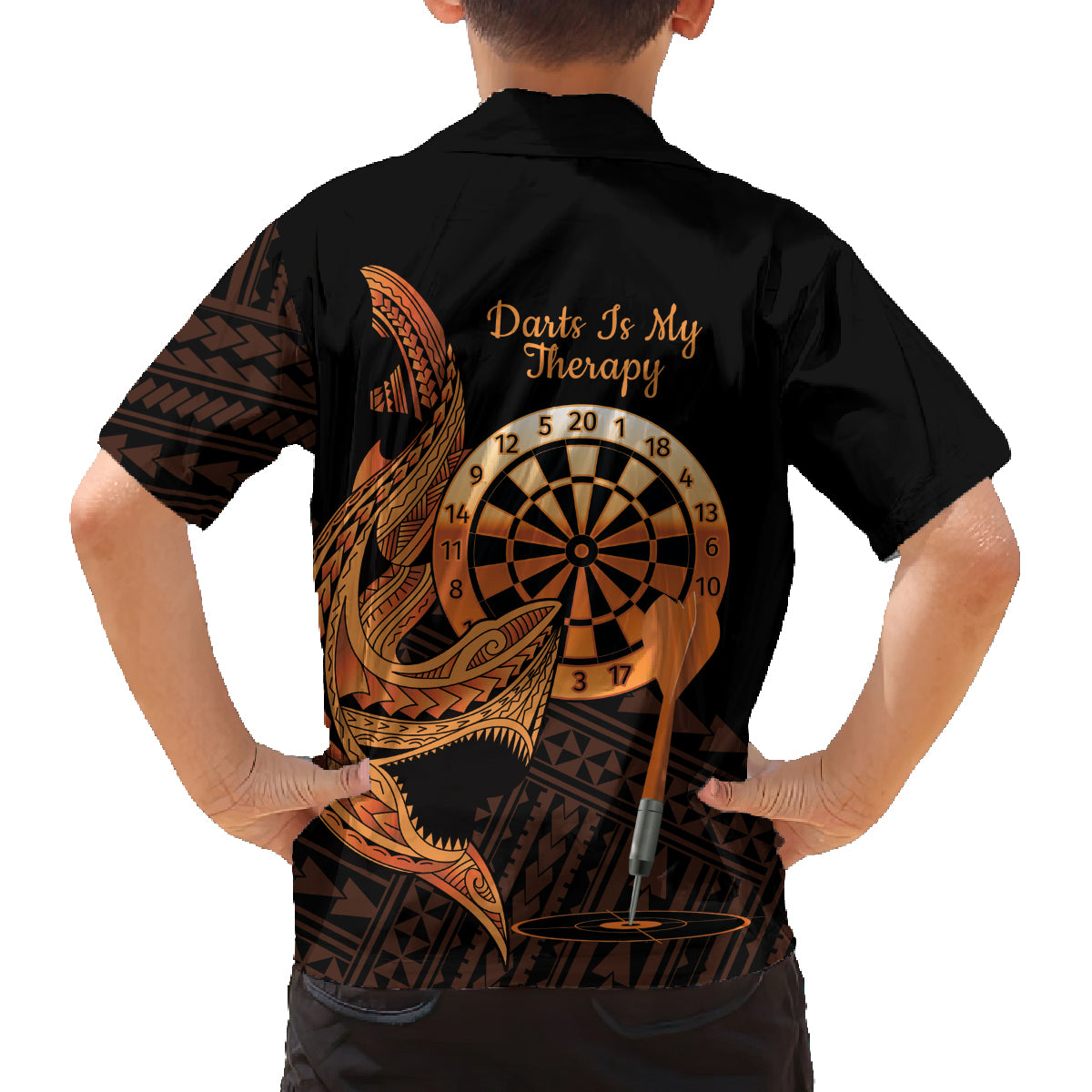 Aloha Hawaii Darts Family Matching Off Shoulder Maxi Dress and Hawaiian Shirt Dart Board With Polynesian Shark - Gold LT14 - Polynesian Pride