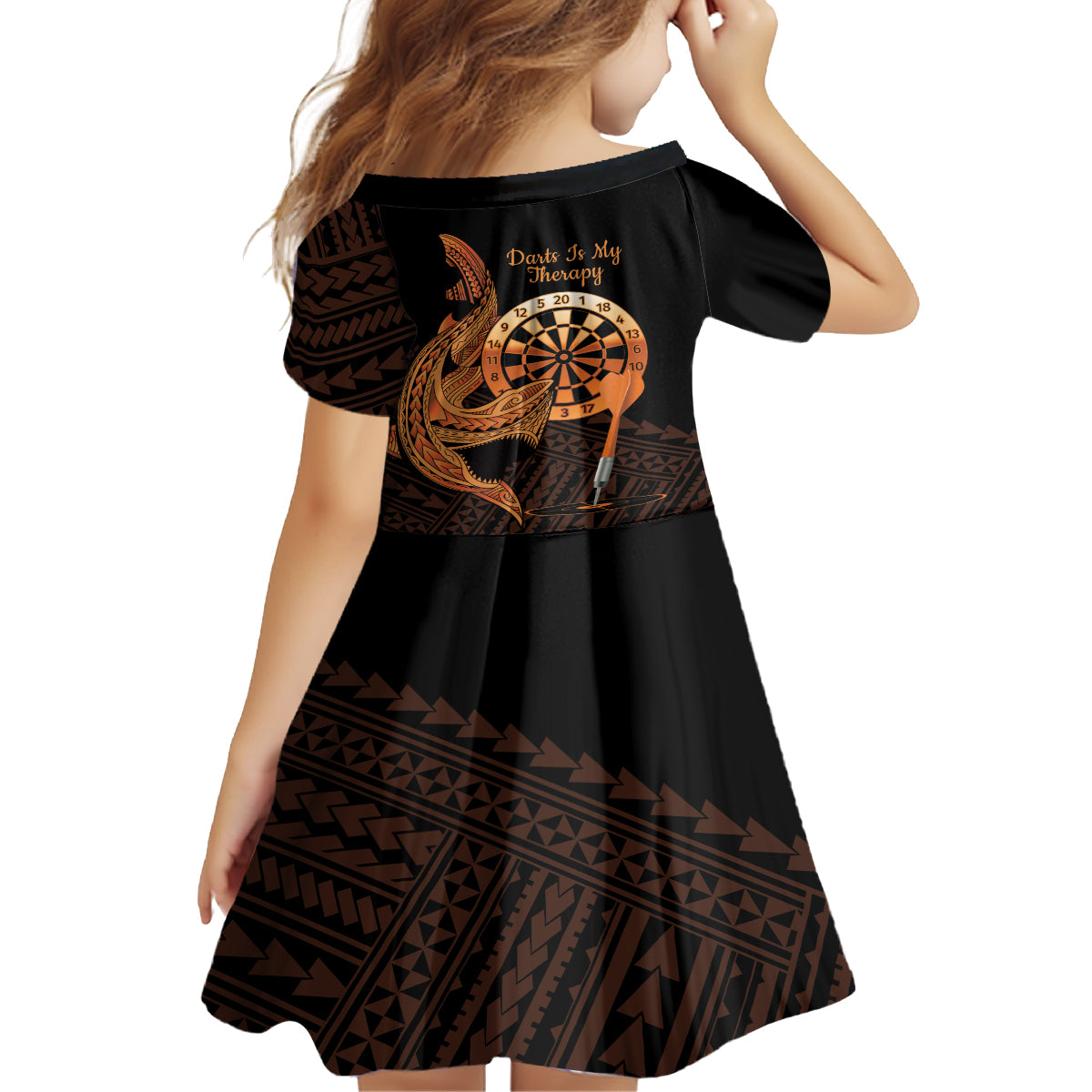 Aloha Hawaii Darts Family Matching Off Shoulder Maxi Dress and Hawaiian Shirt Dart Board With Polynesian Shark - Gold LT14 - Polynesian Pride
