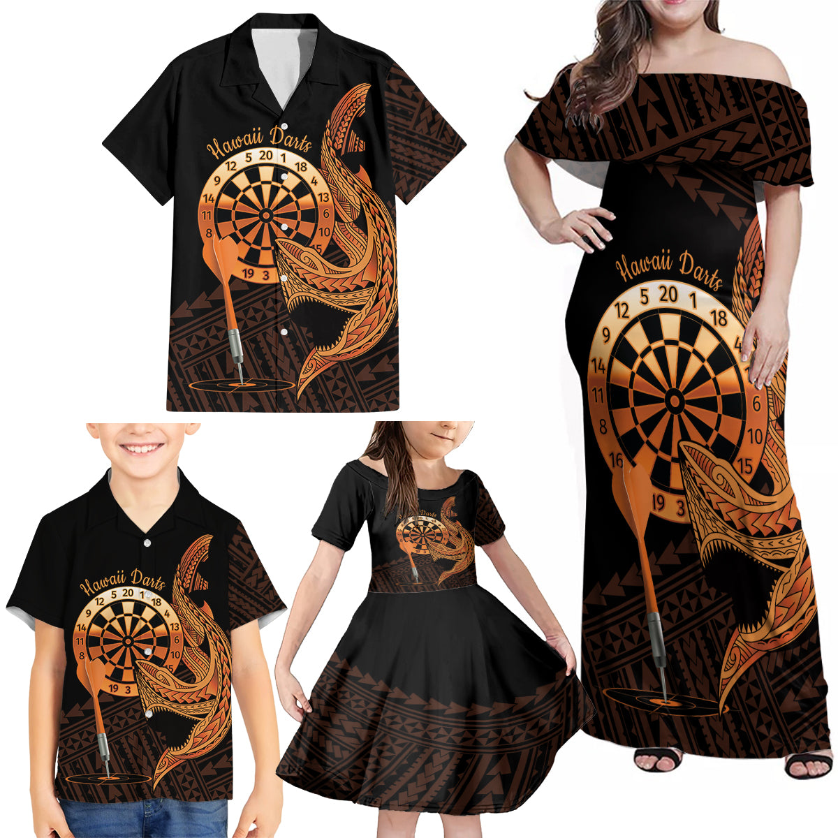Aloha Hawaii Darts Family Matching Off Shoulder Maxi Dress and Hawaiian Shirt Dart Board With Polynesian Shark - Gold LT14 - Polynesian Pride