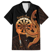 Aloha Hawaii Darts Family Matching Off Shoulder Maxi Dress and Hawaiian Shirt Dart Board With Polynesian Shark - Gold LT14 Dad's Shirt - Short Sleeve Gold - Polynesian Pride