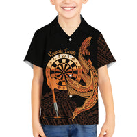 Aloha Hawaii Darts Family Matching Off Shoulder Maxi Dress and Hawaiian Shirt Dart Board With Polynesian Shark - Gold LT14 Son's Shirt Gold - Polynesian Pride