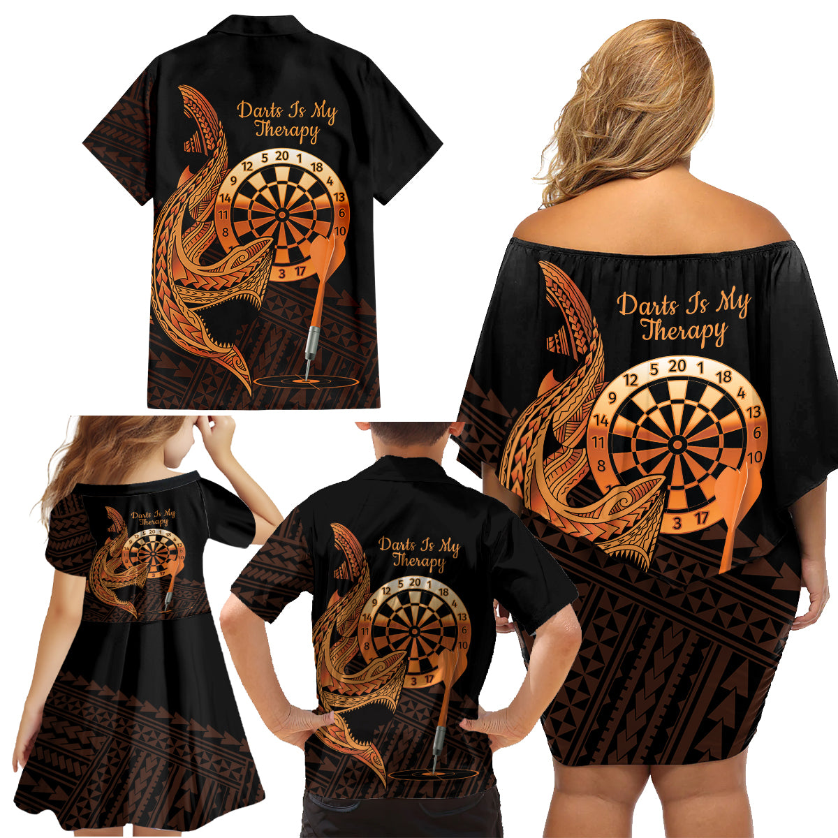 Aloha Hawaii Darts Family Matching Off Shoulder Short Dress and Hawaiian Shirt Dart Board With Polynesian Shark - Gold LT14 - Polynesian Pride