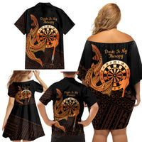 Aloha Hawaii Darts Family Matching Off Shoulder Short Dress and Hawaiian Shirt Dart Board With Polynesian Shark - Gold LT14 - Polynesian Pride