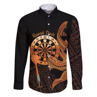 Aloha Hawaii Darts Family Matching Off Shoulder Short Dress and Hawaiian Shirt Dart Board With Polynesian Shark - Gold LT14 Dad's Shirt - Long Sleeve Gold - Polynesian Pride