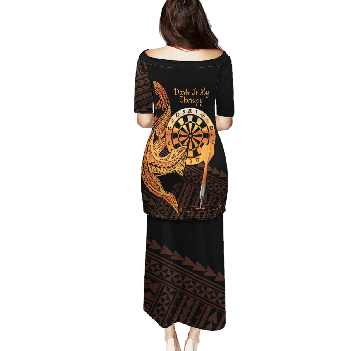 Aloha Hawaii Darts Family Matching Puletasi and Hawaiian Shirt Dart Board With Polynesian Shark - Gold