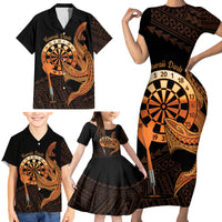 Aloha Hawaii Darts Family Matching Short Sleeve Bodycon Dress and Hawaiian Shirt Dart Board With Polynesian Shark - Gold LT14 - Polynesian Pride