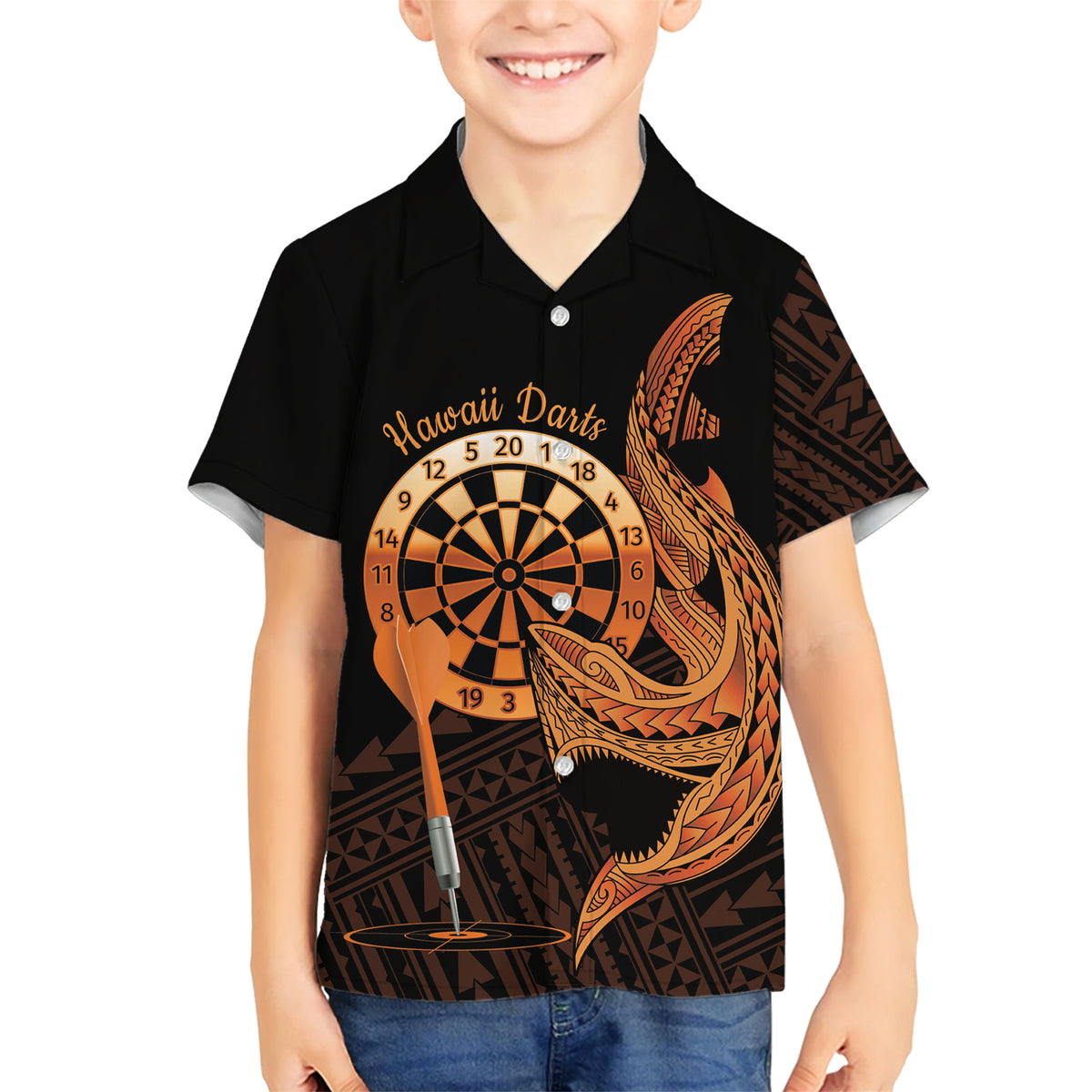Aloha Hawaii Darts Family Matching Short Sleeve Bodycon Dress and Hawaiian Shirt Dart Board With Polynesian Shark - Gold LT14 Son's Shirt Gold - Polynesian Pride