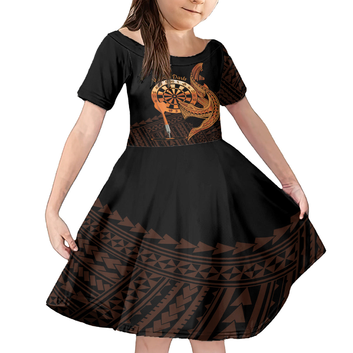 Aloha Hawaii Darts Family Matching Summer Maxi Dress and Hawaiian Shirt Dart Board With Polynesian Shark - Gold LT14 Daughter's Dress Gold - Polynesian Pride