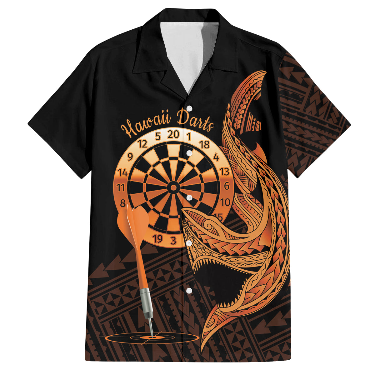 Aloha Hawaii Darts Family Matching Summer Maxi Dress and Hawaiian Shirt Dart Board With Polynesian Shark - Gold LT14 Dad's Shirt - Short Sleeve Gold - Polynesian Pride