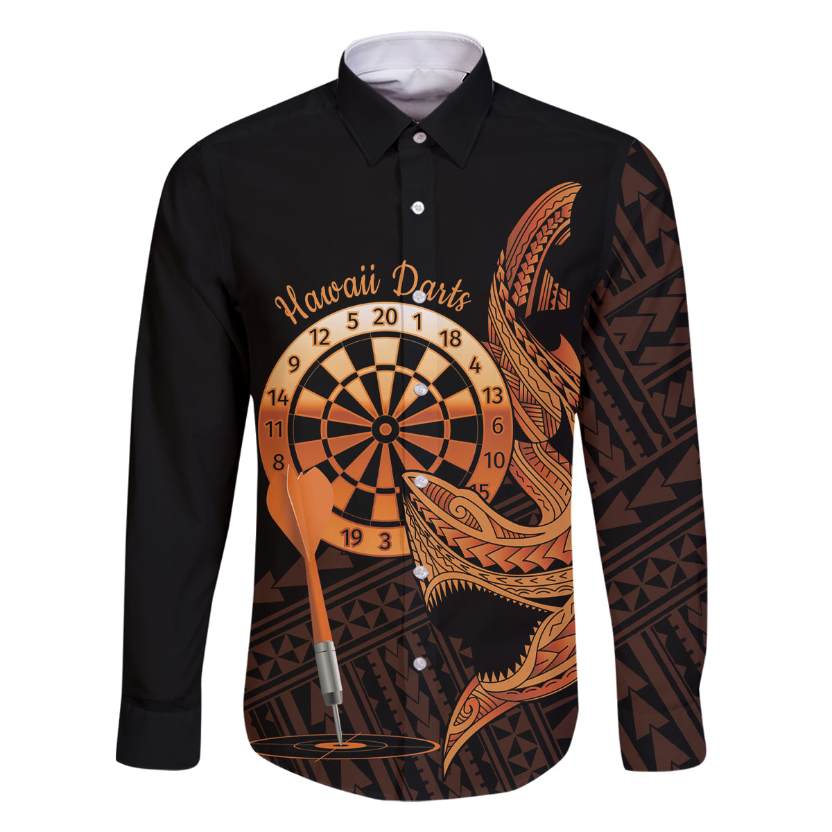 Aloha Hawaii Darts Family Matching Summer Maxi Dress and Hawaiian Shirt Dart Board With Polynesian Shark - Gold LT14 Dad's Shirt - Long Sleeve Gold - Polynesian Pride