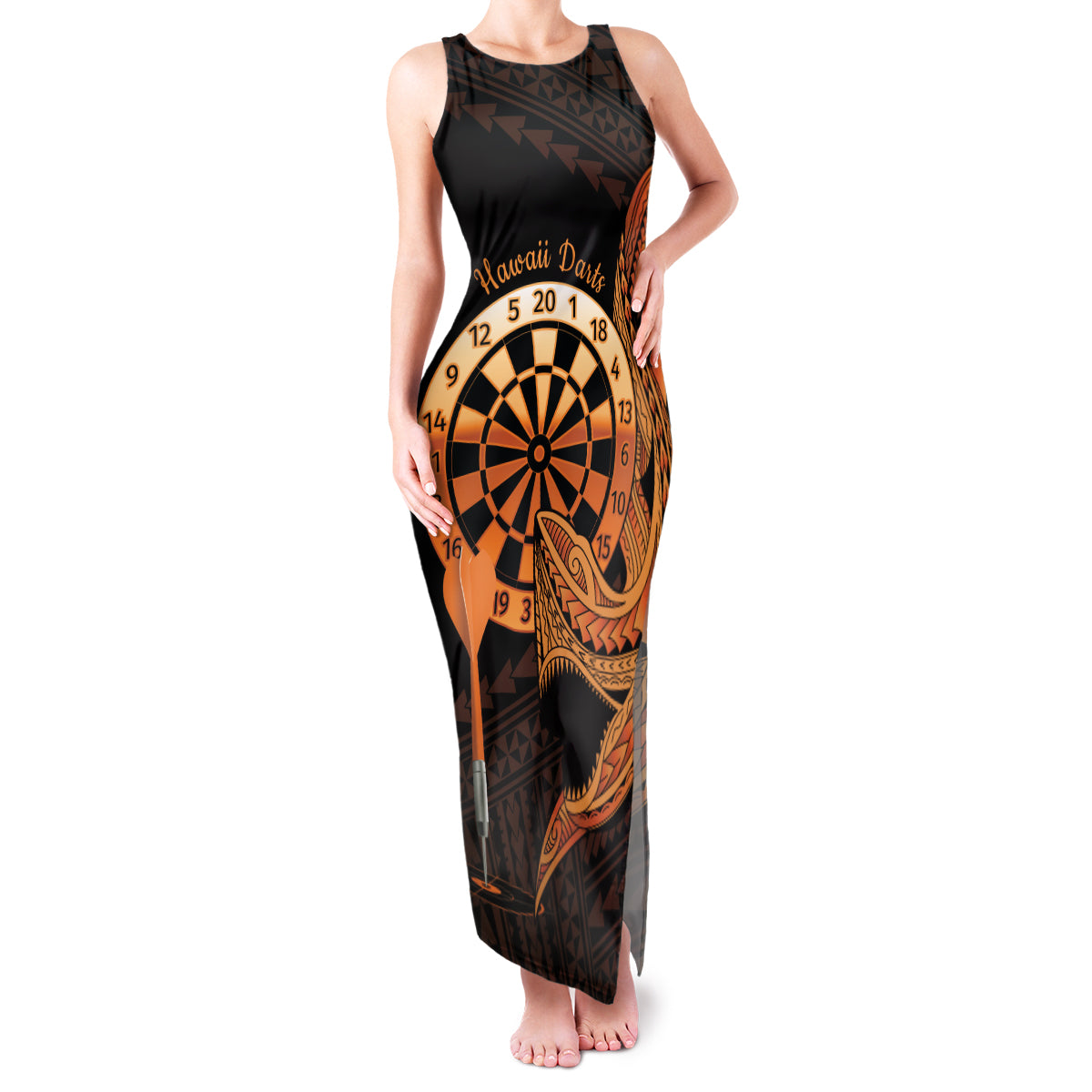 Aloha Hawaii Darts Family Matching Tank Maxi Dress and Hawaiian Shirt Dart Board With Polynesian Shark - Gold LT14 Mom's Dress Gold - Polynesian Pride