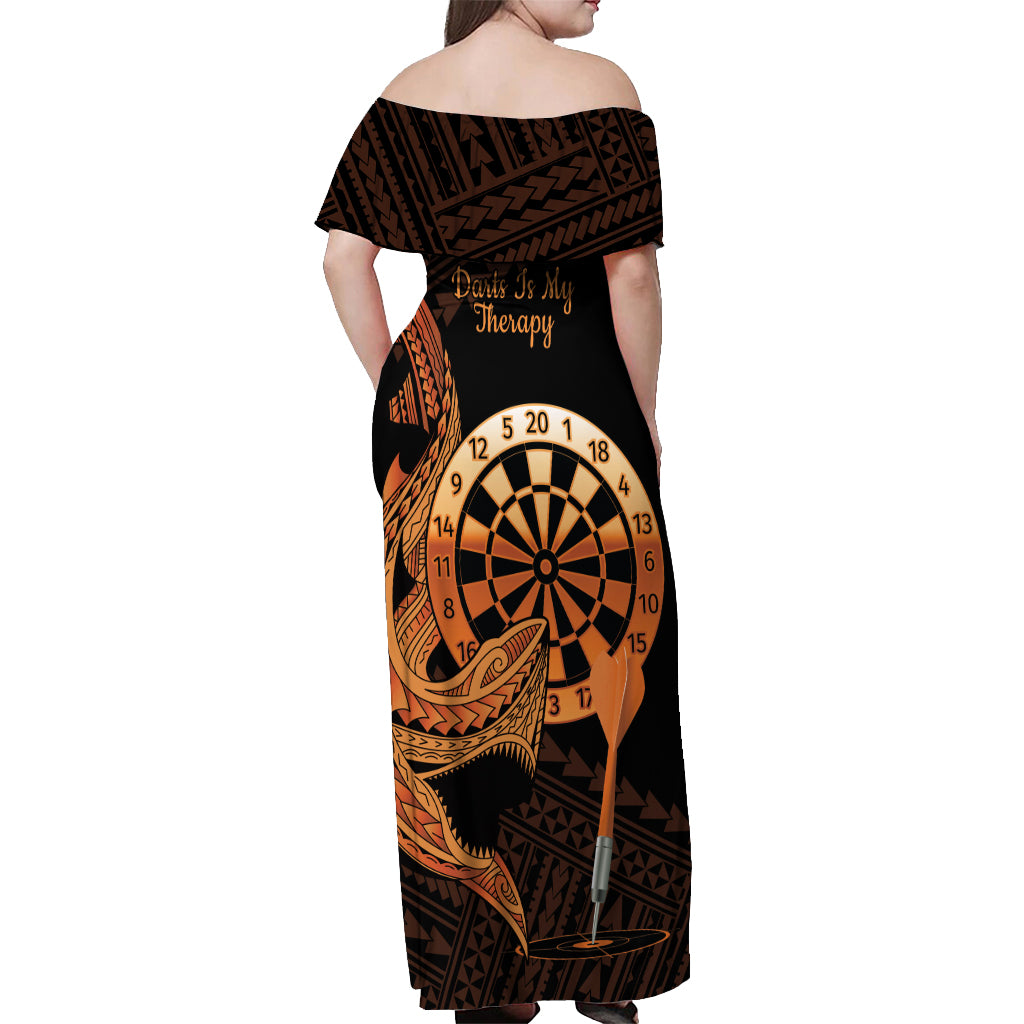 Aloha Hawaii Darts Off Shoulder Maxi Dress Dart Board With Polynesian Shark - Gold LT14 - Polynesian Pride