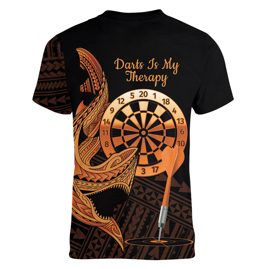 Aloha Hawaii Darts Women V-Neck T-Shirt Dart Board With Polynesian Shark - Gold