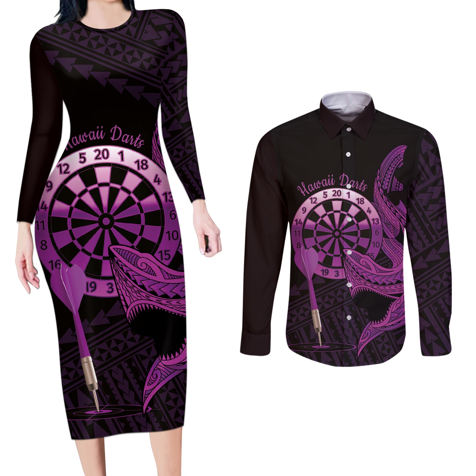 Aloha Hawaii Darts Couples Matching Long Sleeve Bodycon Dress and Long Sleeve Button Shirt Dart Board With Polynesian Shark - Purple