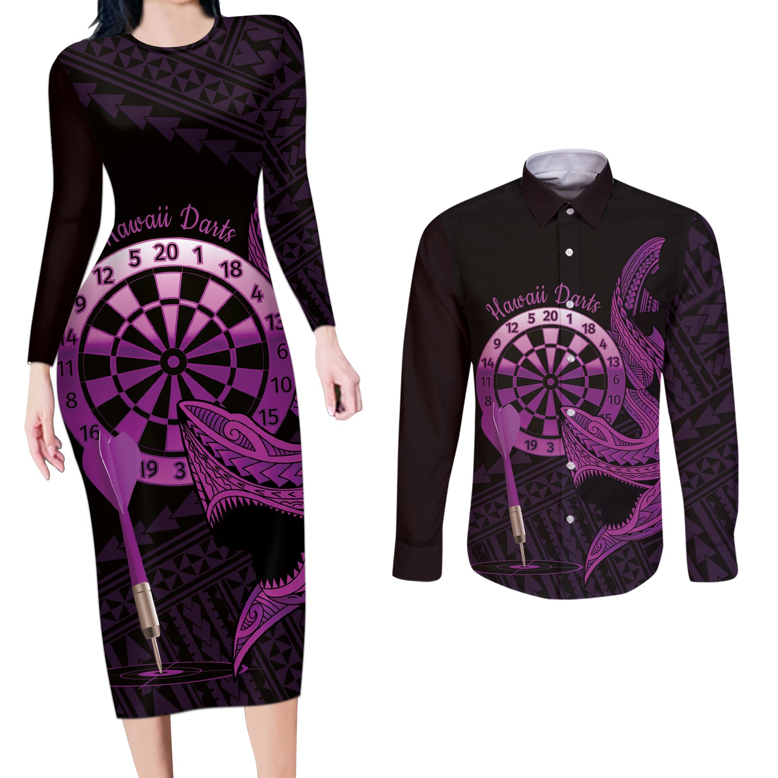 Aloha Hawaii Darts Couples Matching Long Sleeve Bodycon Dress and Long Sleeve Button Shirt Dart Board With Polynesian Shark - Purple