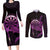 Aloha Hawaii Darts Couples Matching Long Sleeve Bodycon Dress and Long Sleeve Button Shirt Dart Board With Polynesian Shark - Purple