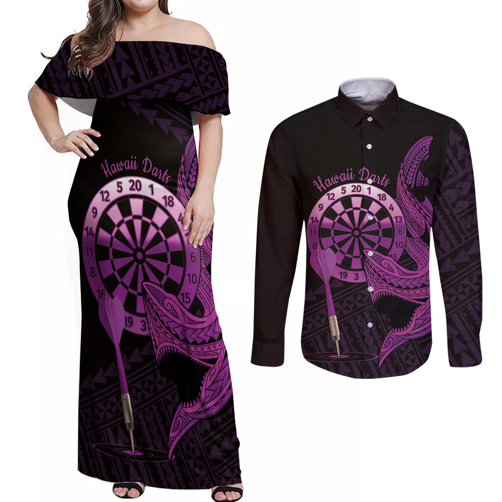 Aloha Hawaii Darts Couples Matching Off Shoulder Maxi Dress and Long Sleeve Button Shirt Dart Board With Polynesian Shark - Purple