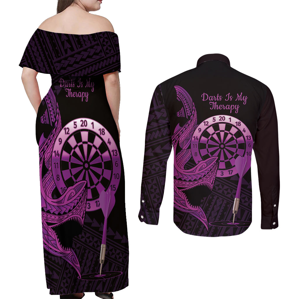 Aloha Hawaii Darts Couples Matching Off Shoulder Maxi Dress and Long Sleeve Button Shirt Dart Board With Polynesian Shark - Purple