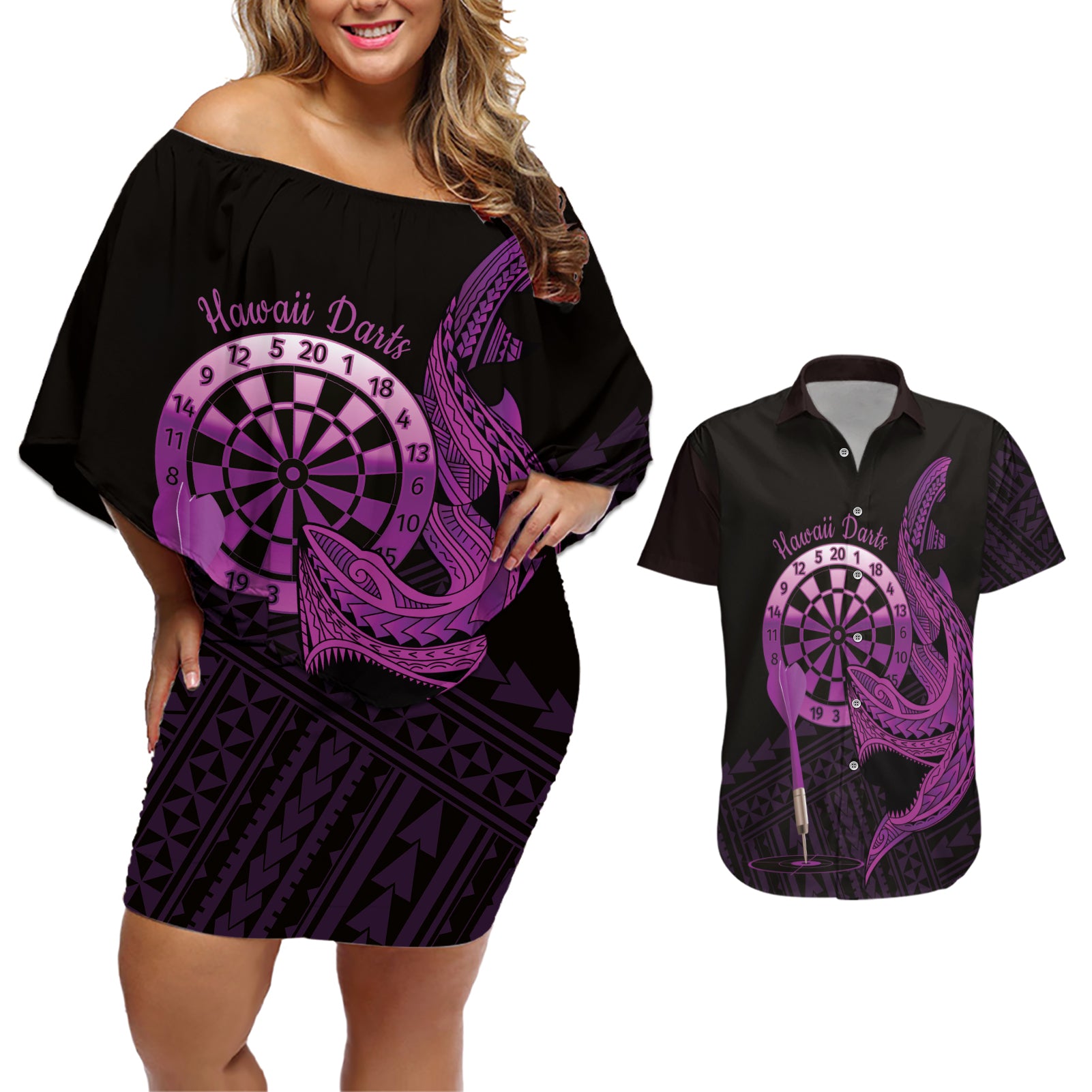 Aloha Hawaii Darts Couples Matching Off Shoulder Short Dress and Hawaiian Shirt Dart Board With Polynesian Shark - Purple