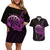Aloha Hawaii Darts Couples Matching Off Shoulder Short Dress and Hawaiian Shirt Dart Board With Polynesian Shark - Purple
