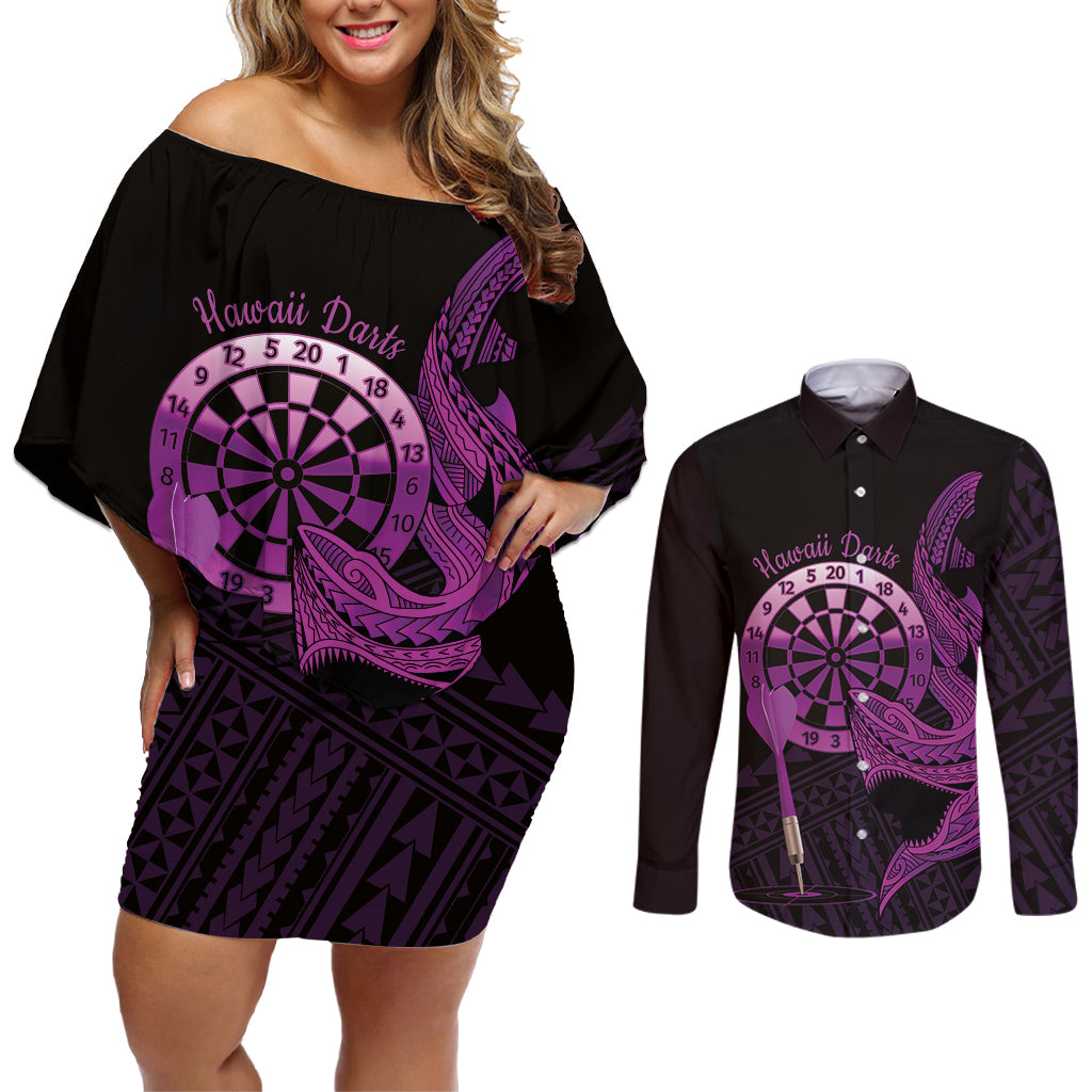 Aloha Hawaii Darts Couples Matching Off Shoulder Short Dress and Long Sleeve Button Shirt Dart Board With Polynesian Shark - Purple