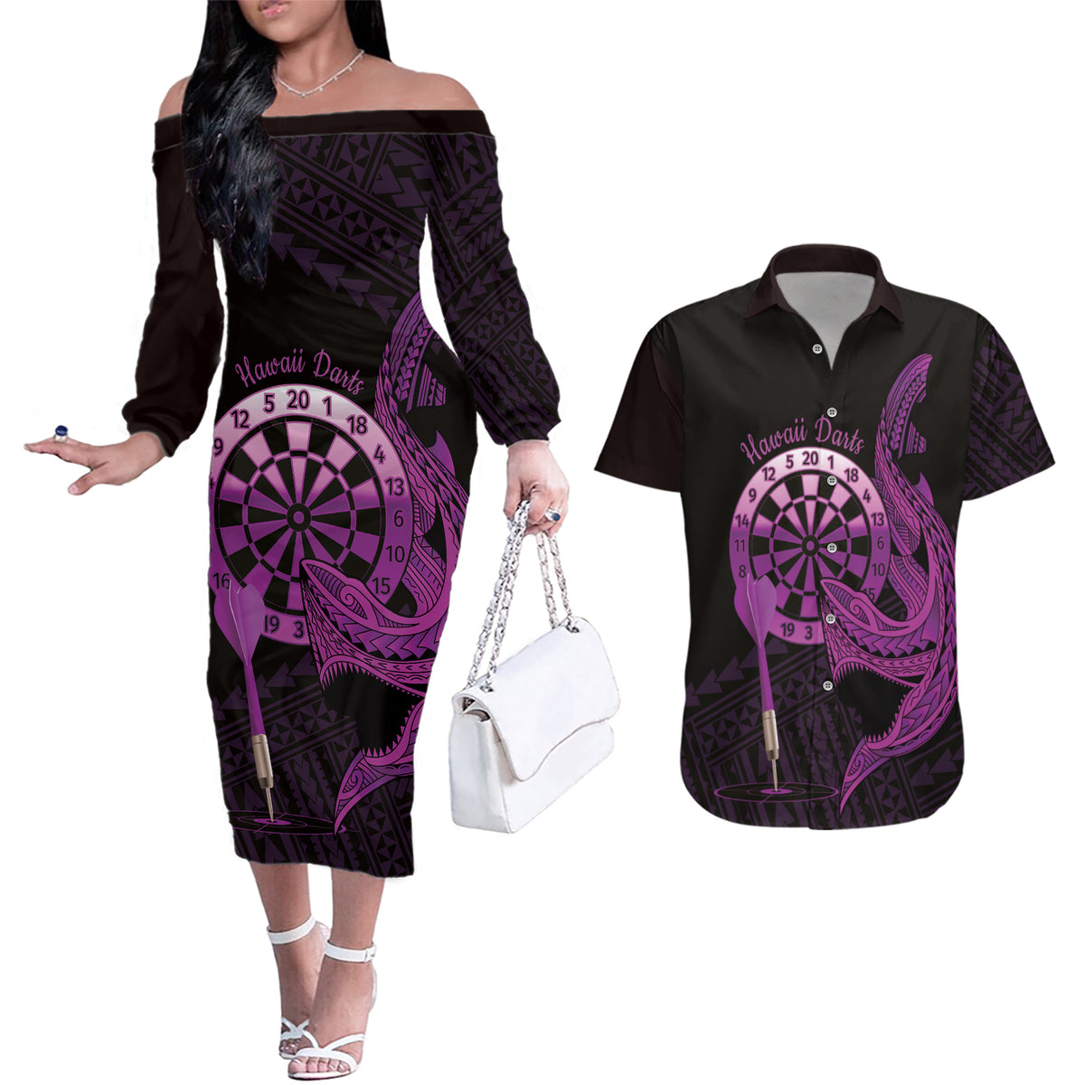 Aloha Hawaii Darts Couples Matching Off The Shoulder Long Sleeve Dress and Hawaiian Shirt Dart Board With Polynesian Shark - Purple LT14 Purple - Polynesian Pride
