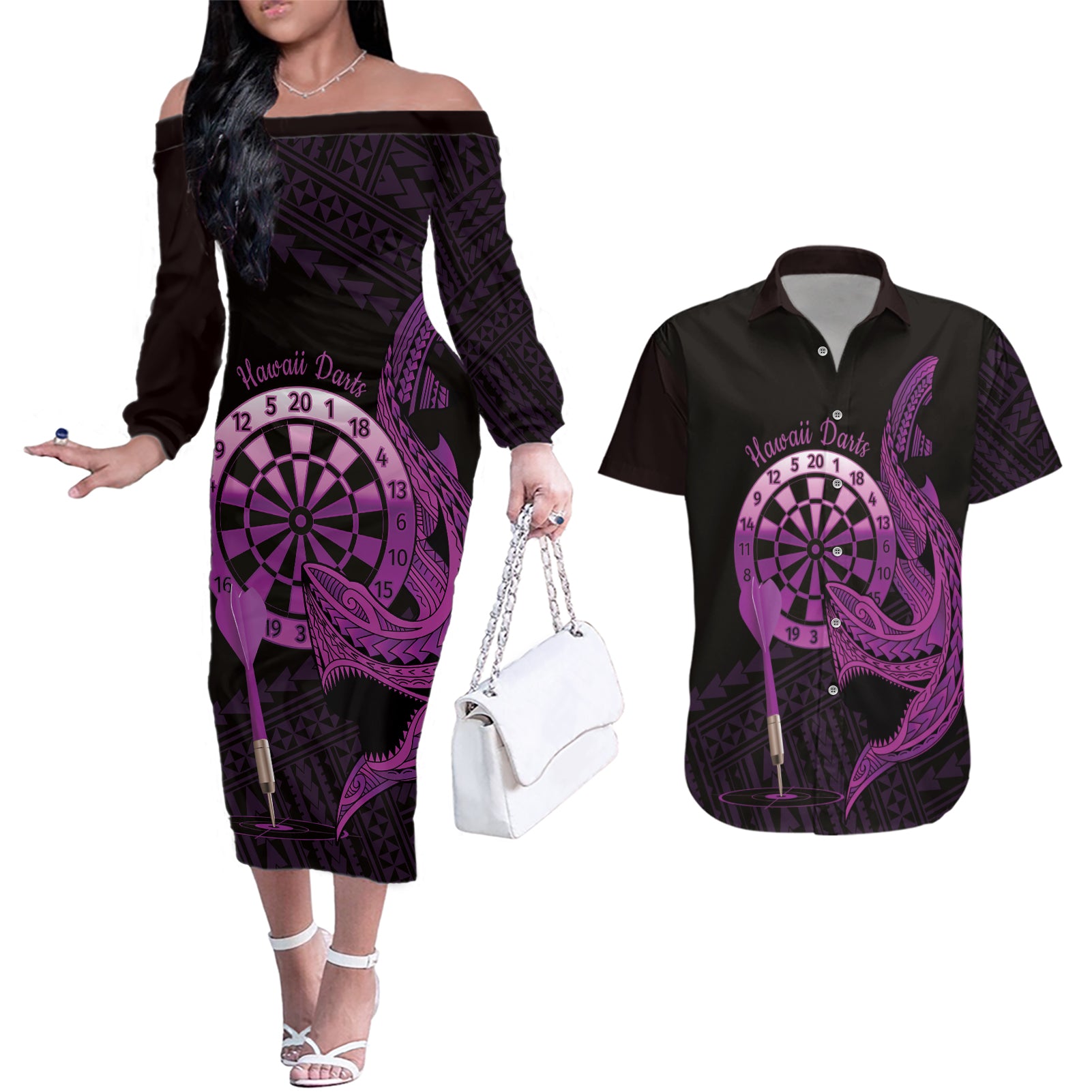 Aloha Hawaii Darts Couples Matching Off The Shoulder Long Sleeve Dress and Hawaiian Shirt Dart Board With Polynesian Shark - Purple