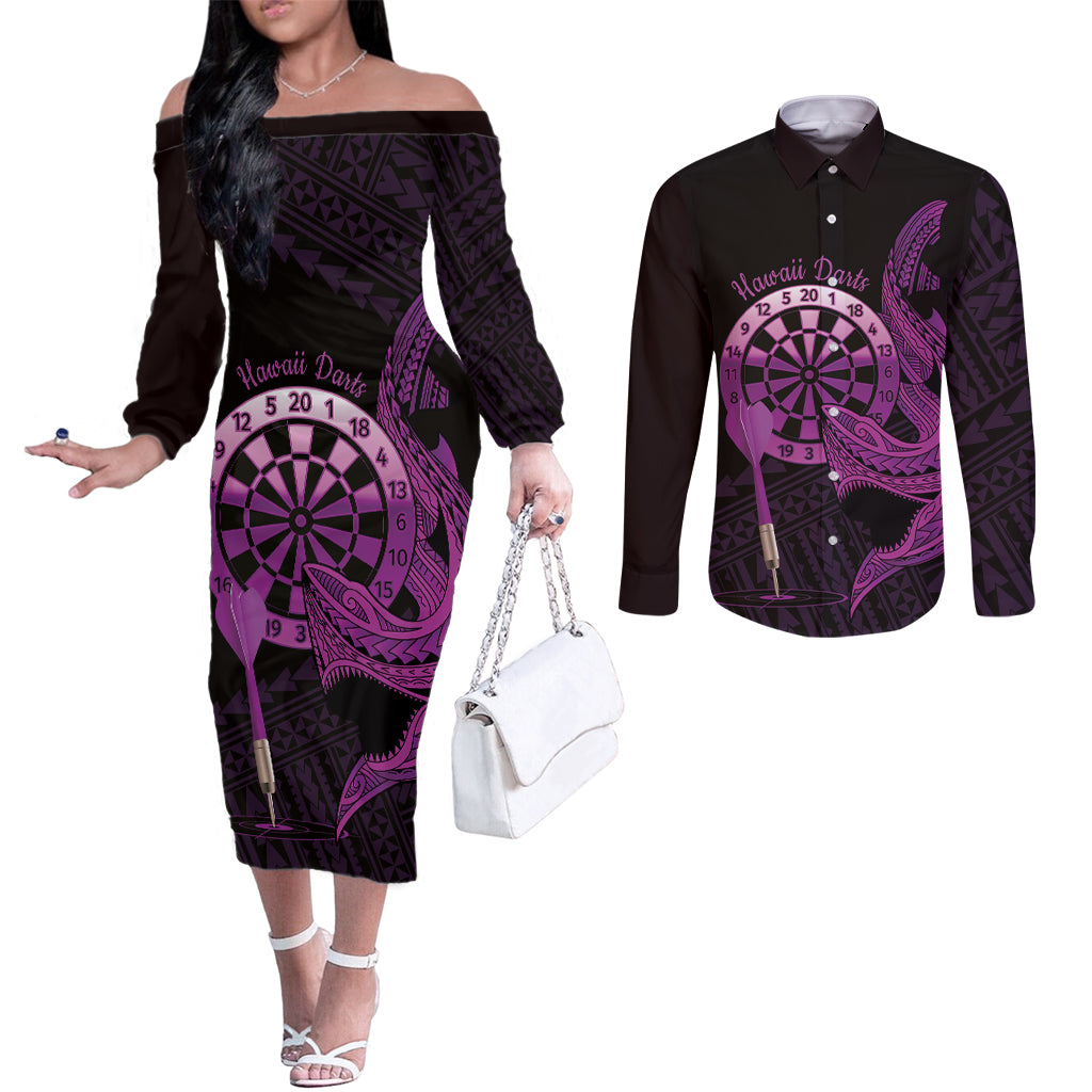 Aloha Hawaii Darts Couples Matching Off The Shoulder Long Sleeve Dress and Long Sleeve Button Shirt Dart Board With Polynesian Shark - Purple