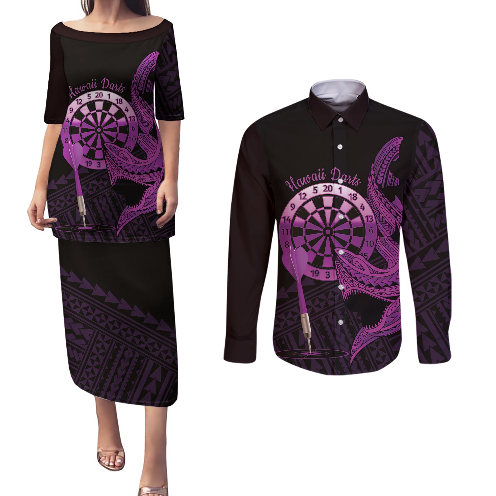 Aloha Hawaii Darts Couples Matching Puletasi and Long Sleeve Button Shirt Dart Board With Polynesian Shark - Purple