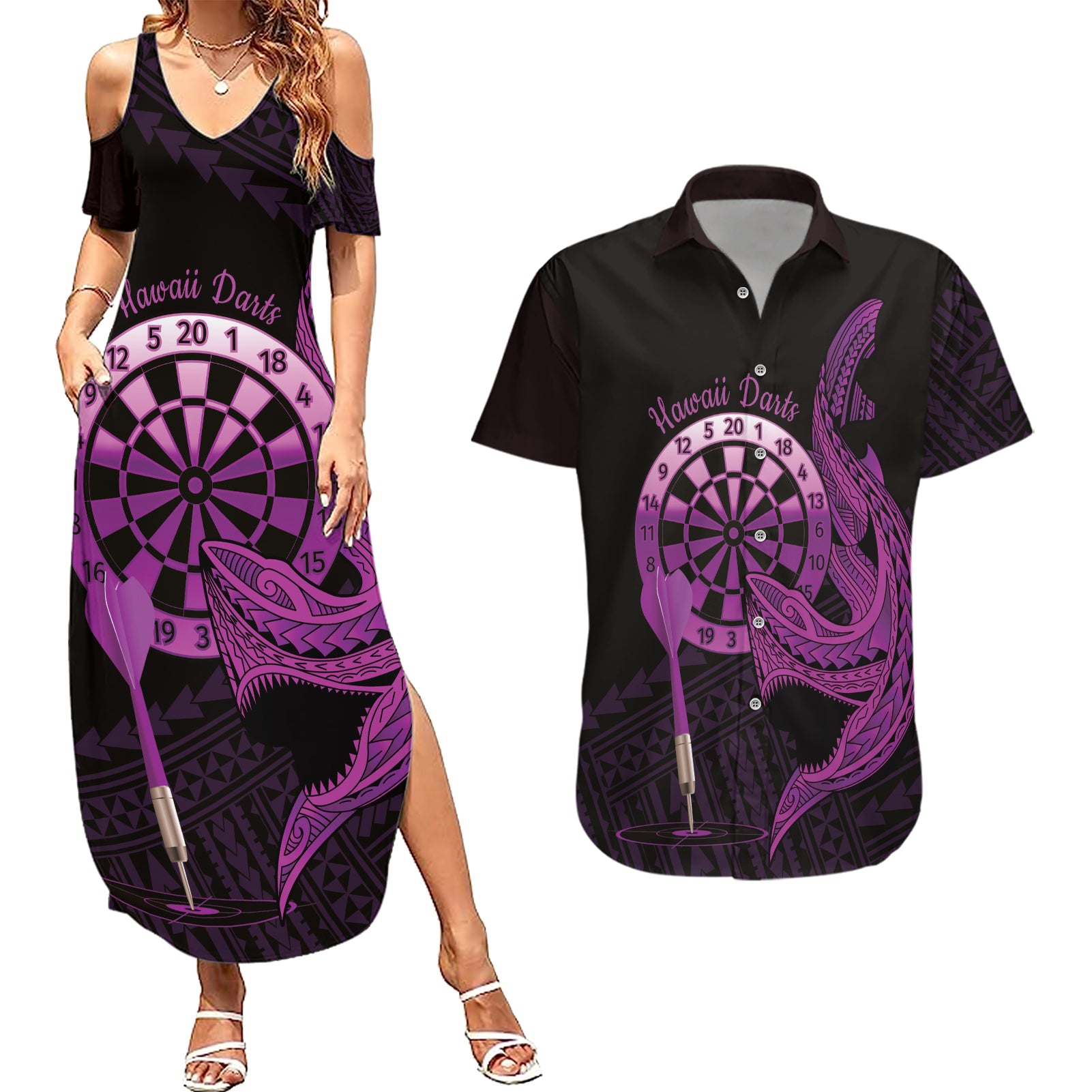 Aloha Hawaii Darts Couples Matching Summer Maxi Dress and Hawaiian Shirt Dart Board With Polynesian Shark - Purple