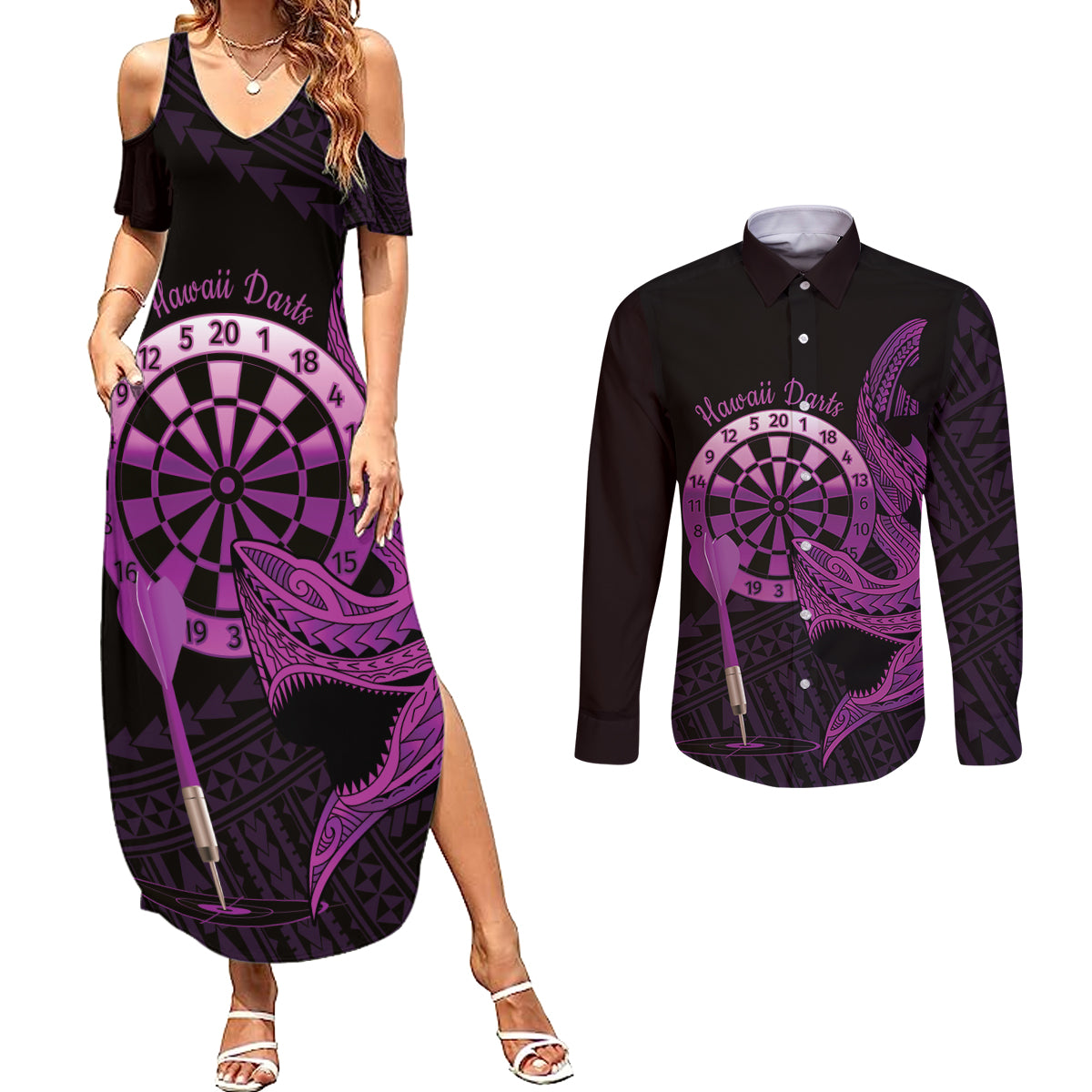 Aloha Hawaii Darts Couples Matching Summer Maxi Dress and Long Sleeve Button Shirt Dart Board With Polynesian Shark - Purple