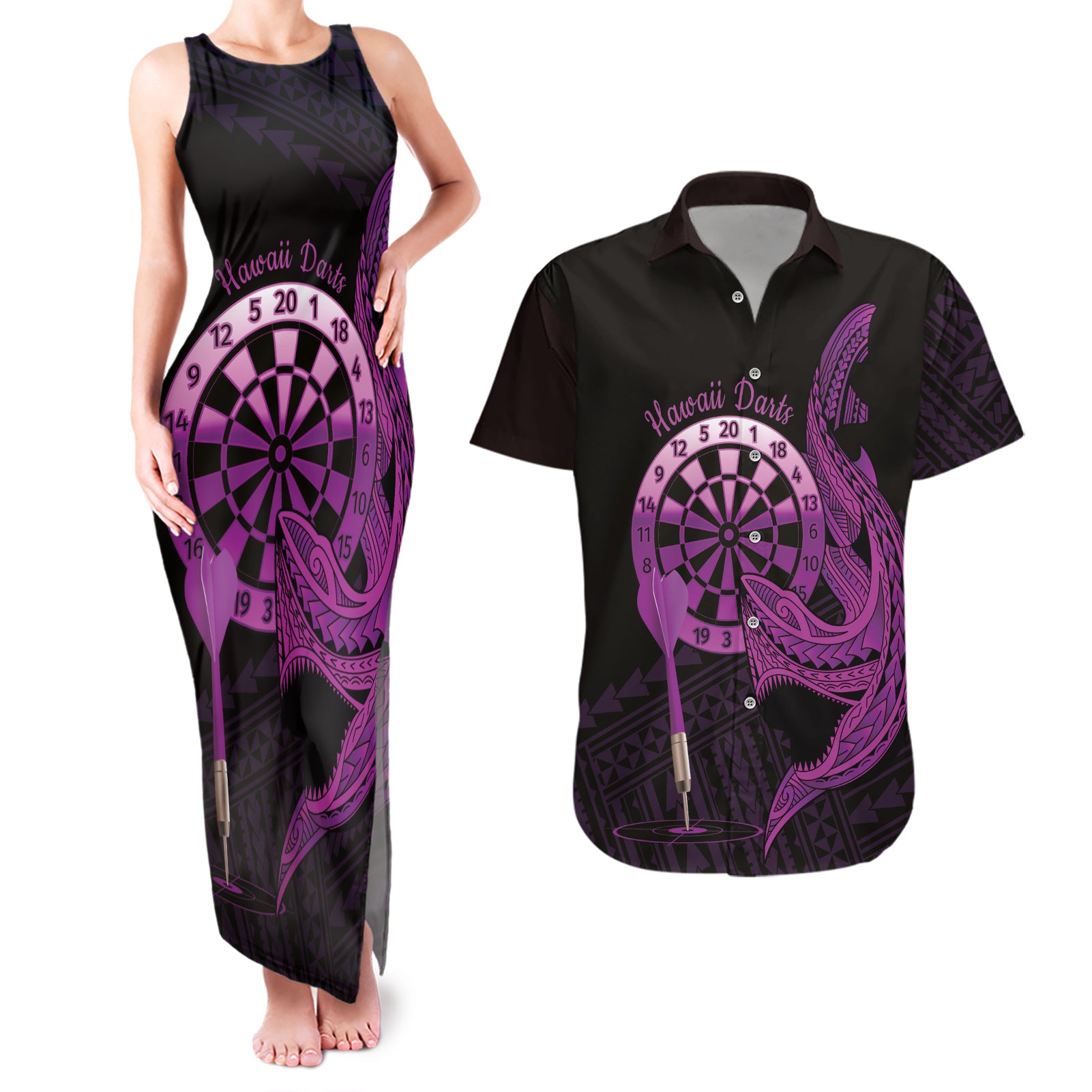 Aloha Hawaii Darts Couples Matching Tank Maxi Dress and Hawaiian Shirt Dart Board With Polynesian Shark - Purple