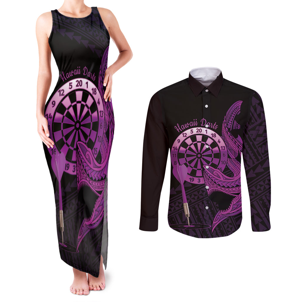 Aloha Hawaii Darts Couples Matching Tank Maxi Dress and Long Sleeve Button Shirt Dart Board With Polynesian Shark - Purple