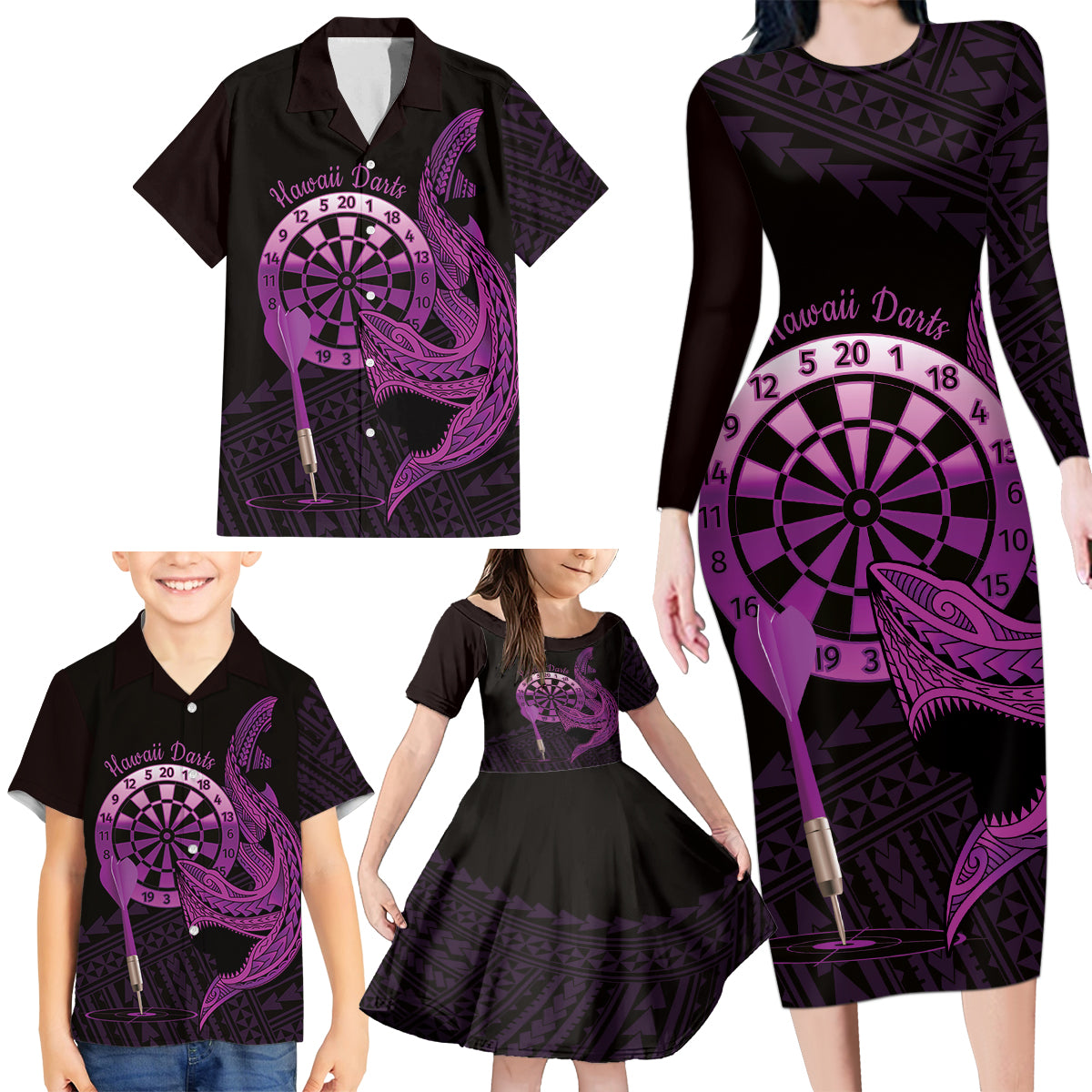 Aloha Hawaii Darts Family Matching Long Sleeve Bodycon Dress and Hawaiian Shirt Dart Board With Polynesian Shark - Purple LT14 - Polynesian Pride