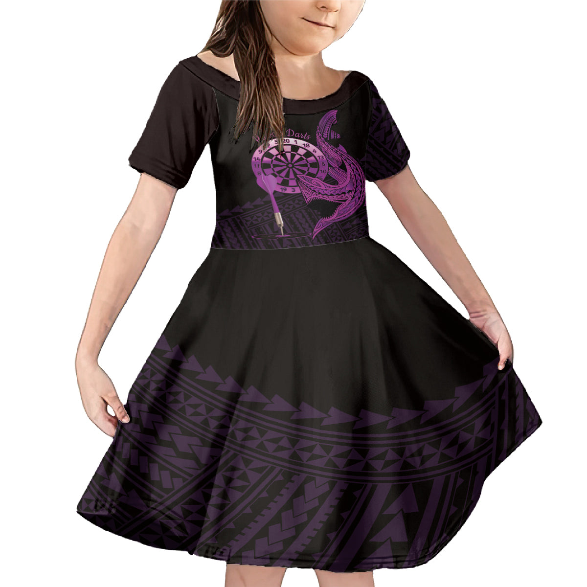 Aloha Hawaii Darts Family Matching Mermaid Dress and Hawaiian Shirt Dart Board With Polynesian Shark - Purple LT14 Daughter's Dress Purple - Polynesian Pride