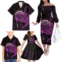 Aloha Hawaii Darts Family Matching Off The Shoulder Long Sleeve Dress and Hawaiian Shirt Dart Board With Polynesian Shark - Purple LT14 - Polynesian Pride