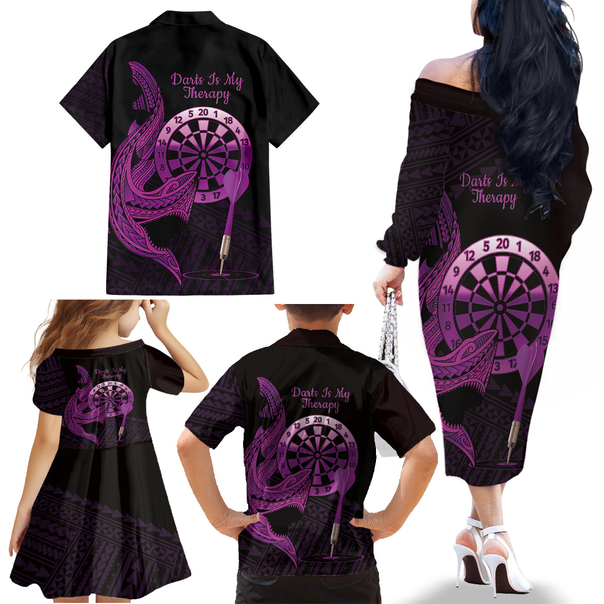 Aloha Hawaii Darts Family Matching Off The Shoulder Long Sleeve Dress and Hawaiian Shirt Dart Board With Polynesian Shark - Purple LT14 - Polynesian Pride