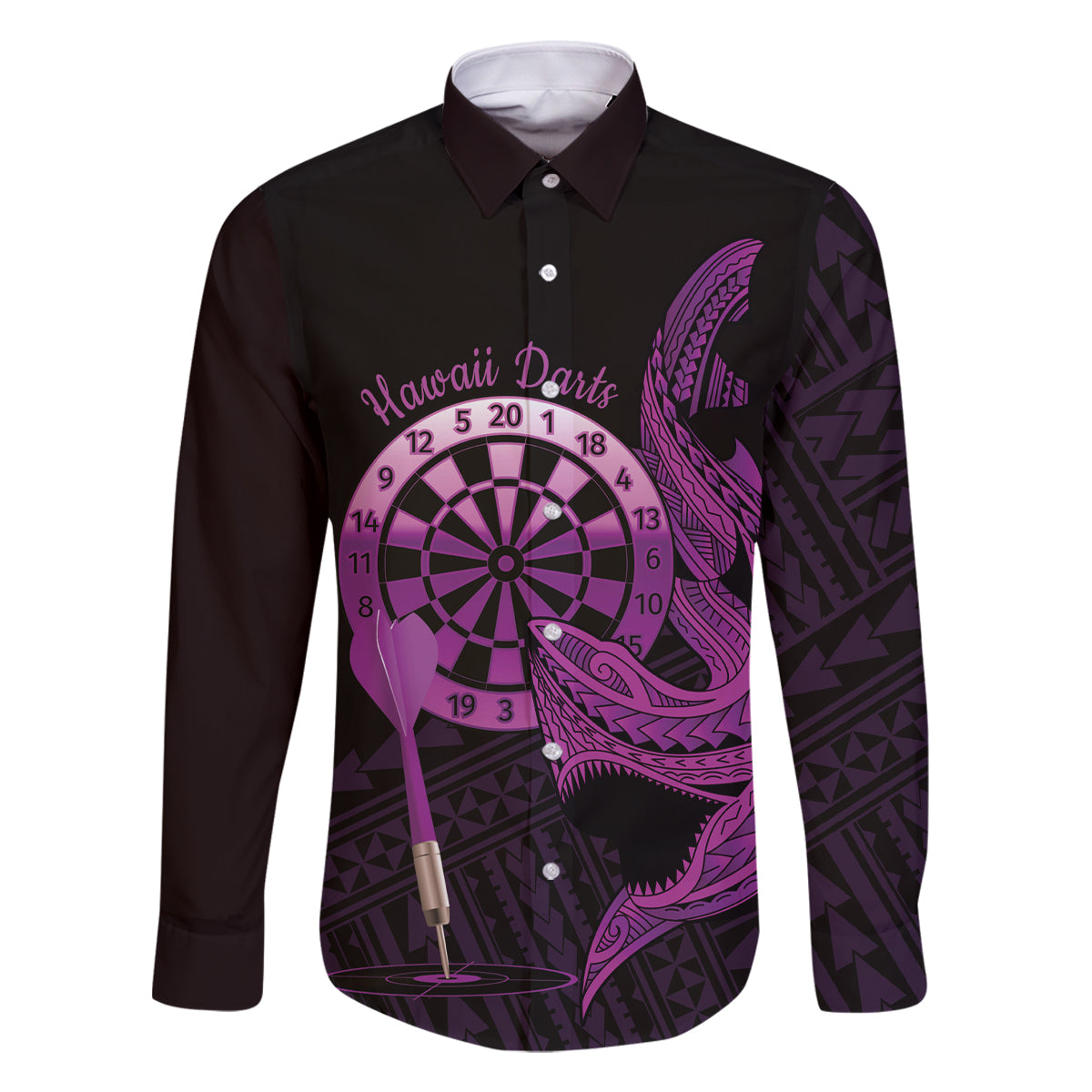 Aloha Hawaii Darts Family Matching Off The Shoulder Long Sleeve Dress and Hawaiian Shirt Dart Board With Polynesian Shark - Purple LT14 Dad's Shirt - Long Sleeve Purple - Polynesian Pride